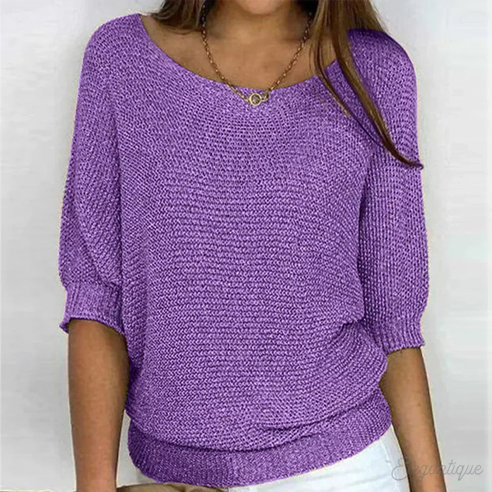 Eunice™ knit top in purple; relaxed fit, boat neckline, elbow-length sleeves, ribbed cuffs.