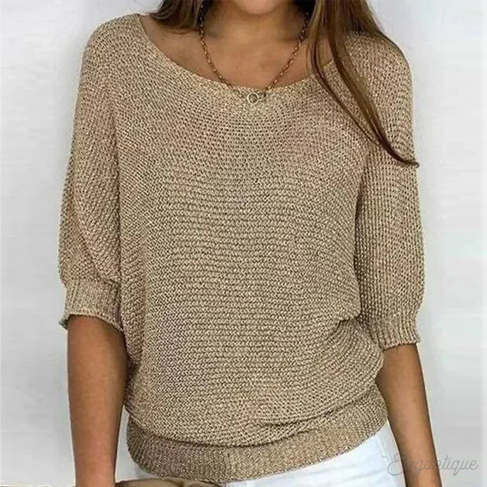 Eunice™ knit top in beige; relaxed fit, boat neckline, elbow-length sleeves, ribbed cuffs.