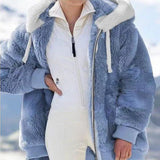 Keithy cozy blue striped zip-up faux fur jacket with white sherpa collar and hood ties