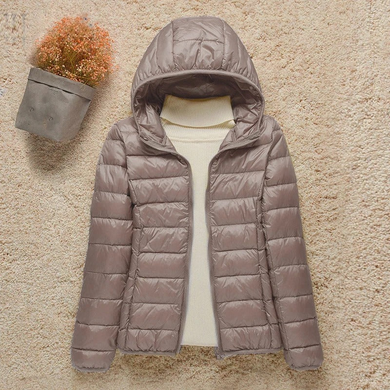 Carlo women’s down jacket, taupe, hooded puffer with full front zipper