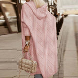 Hooded cardigan in dusty pink, long diamond cable knit with hood, 3/4 sleeves