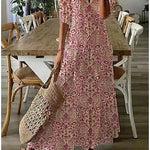 Boho midi dress in mauve with ornate paisley print, short sleeves and tiered skirt