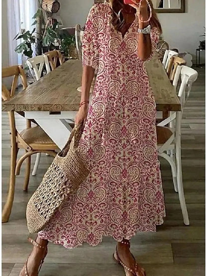 Boho midi dress in mauve with ornate paisley print, short sleeves and tiered skirt