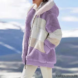 Fluffy winter coat in purple with cream sherpa lining and zip front