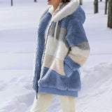 Fuzzy winter coat, blue with cream striped panels and hooded zip front
