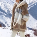 Fuzzy winter coat, tan and cream striped panels with hood and zip front