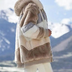 Fuzzy winter coat, beige and cream striped panels with plush hood and zip front
