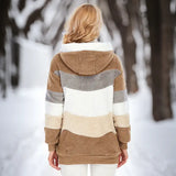 Fuzzy winter coat, tan and cream color-block stripes with attached hood