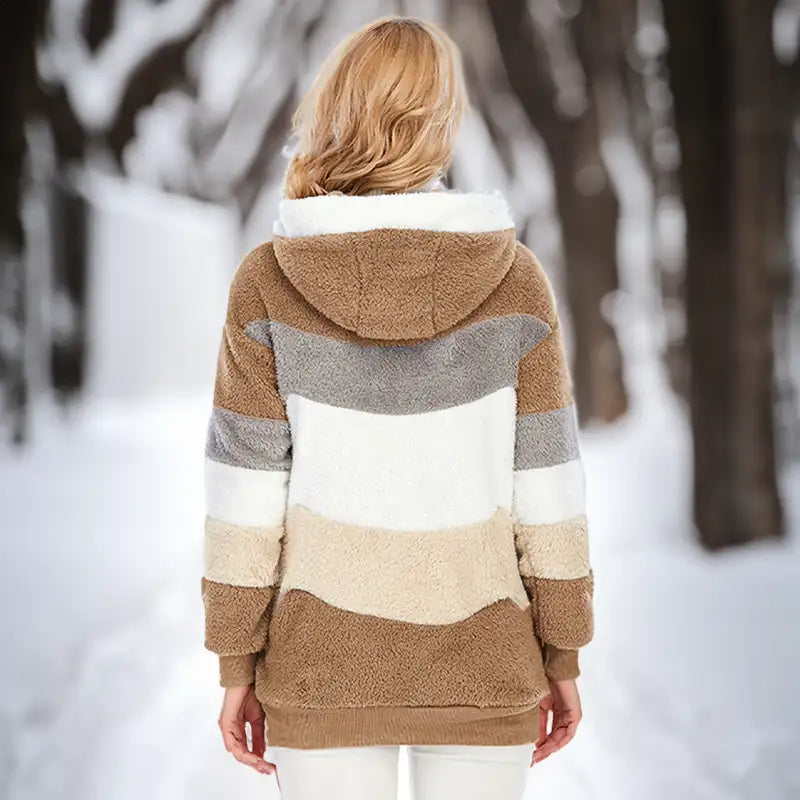 Fuzzy winter coat, tan and cream color-block stripes with attached hood