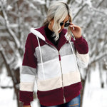 Fuzzy winter coat, burgundy and cream wide stripe pattern with attached hood and zip