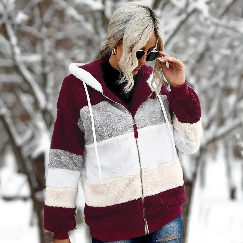 Fuzzy winter coat, burgundy and cream wide stripe pattern with attached hood and zip