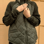 Olive green quilted cardigan with front zipper and chunky knit sleeves
