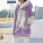 Keithy cozy purple striped zip-up faux fur jacket with white sherpa collar and hood ties