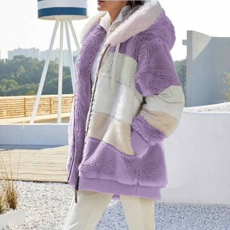 Keithy cozy purple striped zip-up faux fur jacket with white sherpa collar and hood ties