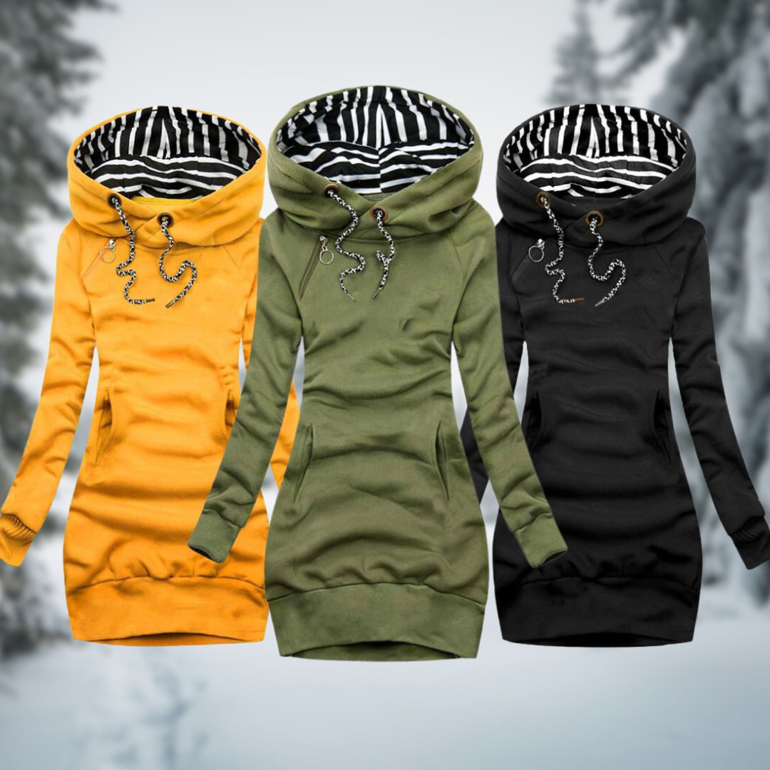 Hooded tunic dress with striped hood lining, front drawstrings, in orange, olive, and black