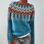 Blue retro pullover sweater with Fair Isle zigzag yoke and diamond pattern