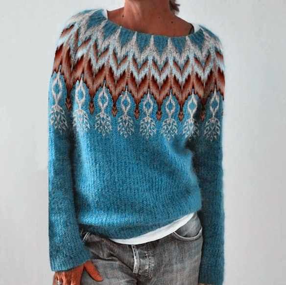 Blue retro pullover sweater with Fair Isle zigzag yoke and diamond pattern