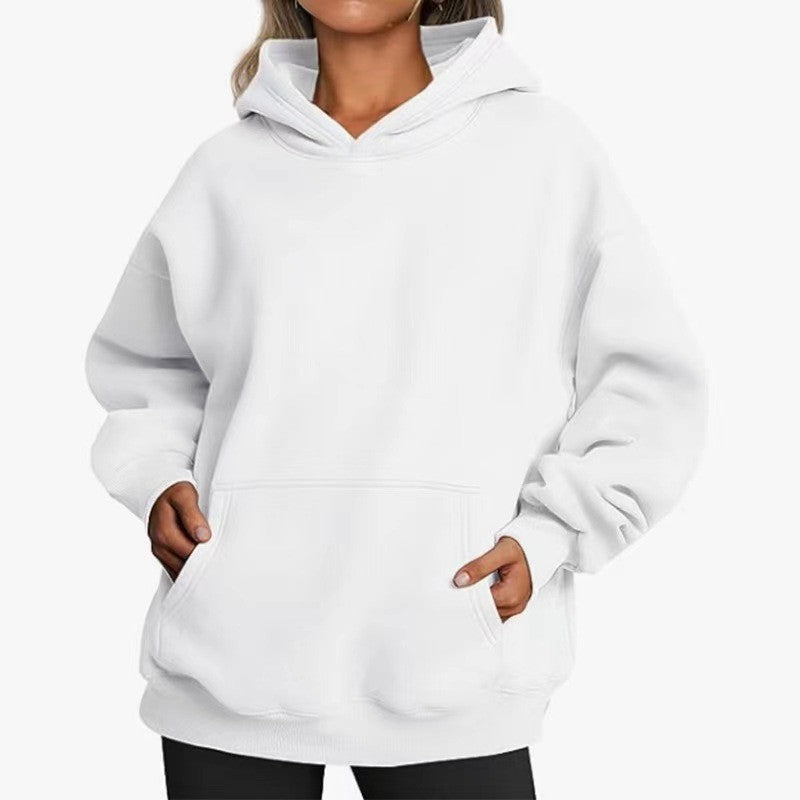 White hooded pullover sweatshirt with front kangaroo pocket and drawstring-free hood