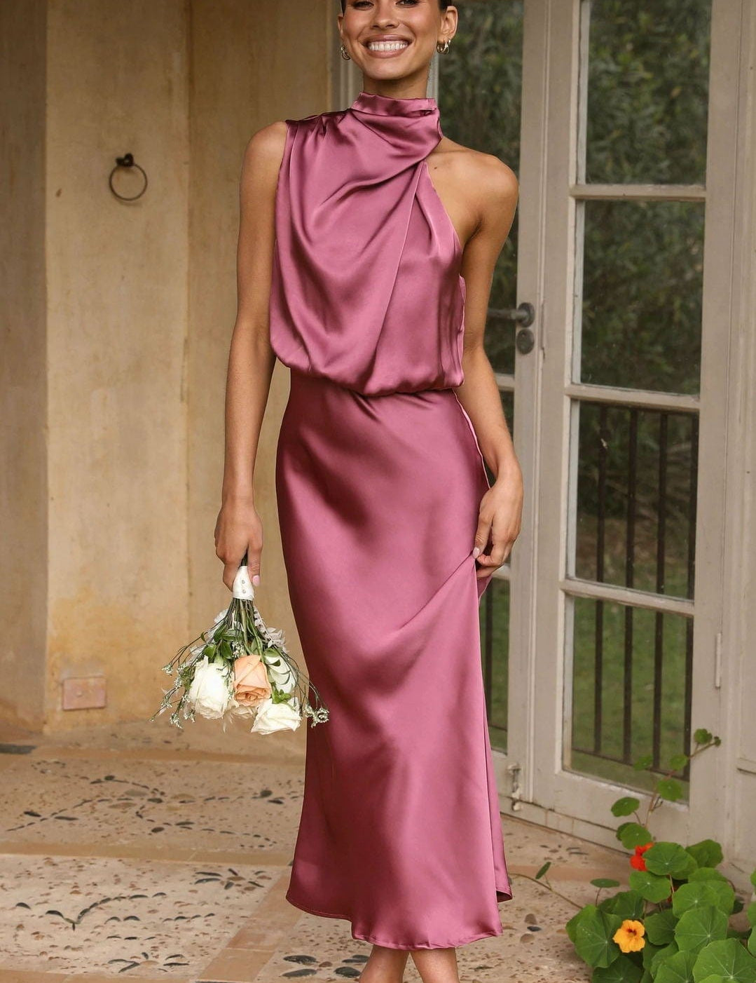 Mauve satin midi dress with high collar and sleeveless draped waist