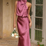Rochella™ - Elegante Satin Kleid mit Hohem Kragen Altrosa