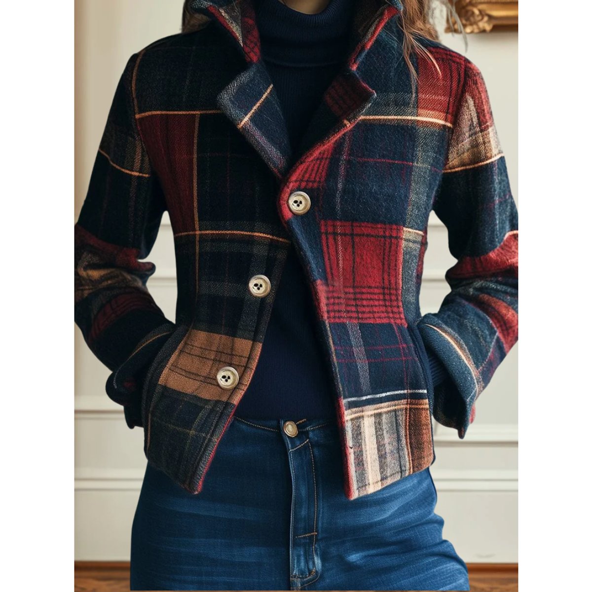 Cropped plaid jacket with front buttons and pockets, multicolor check pattern
