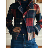Cropped plaid jacket with front buttons and pockets, multicolor check pattern