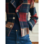 Cropped plaid jacket with patch pockets and large button front, multicolor checks
