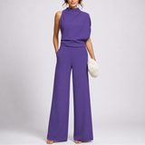 Damen Hochkragen Ärmelloser Jumpsuit mit Weitem Bein und Taschen