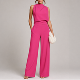 Damen Hochkragen Ärmelloser Jumpsuit mit Weitem Bein und Taschen