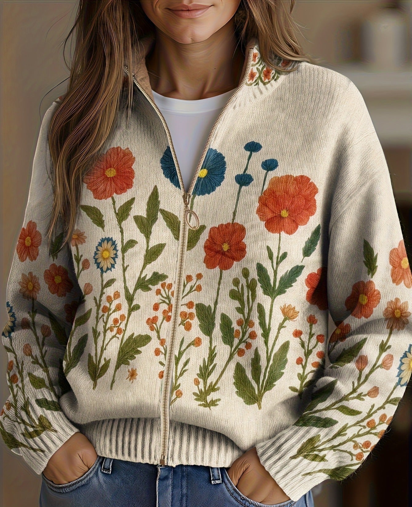 Floral knit cardigan with full zip, front pockets, cream base, orange and blue flowers