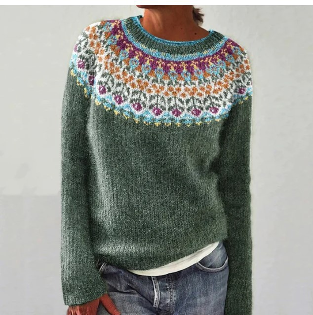 Dark green retro pullover sweater with multicolor fair isle yoke and ribbed crew neck