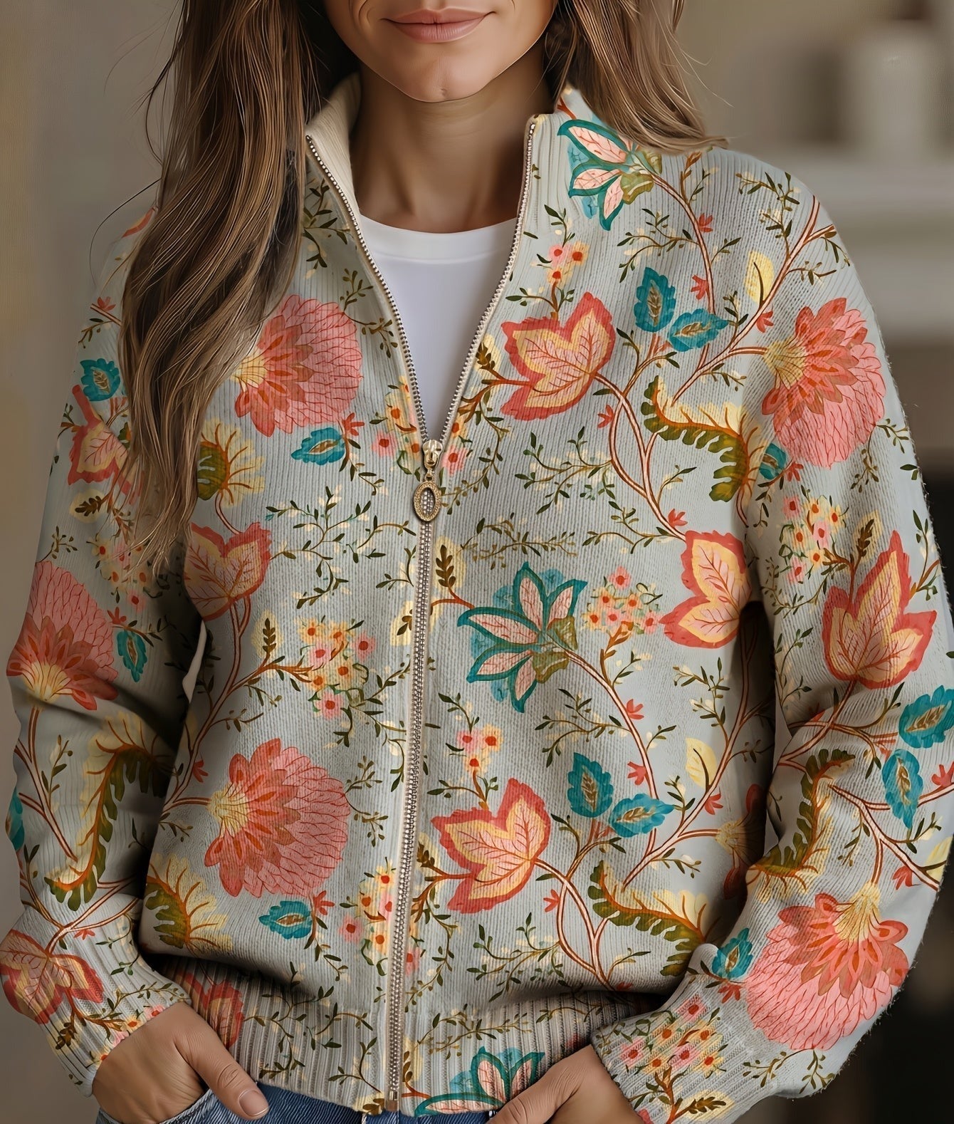 Women's floral knit cardigan with front zipper, long sleeves, multicolor flower print.