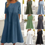 Cotton round-neck dress shown in multiple colors, short sleeves, gathered waist
