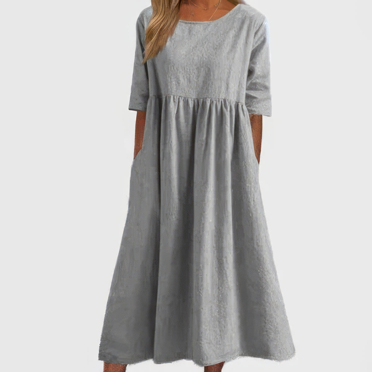 Light gray cotton round-neck dress with short sleeves and gathered waist