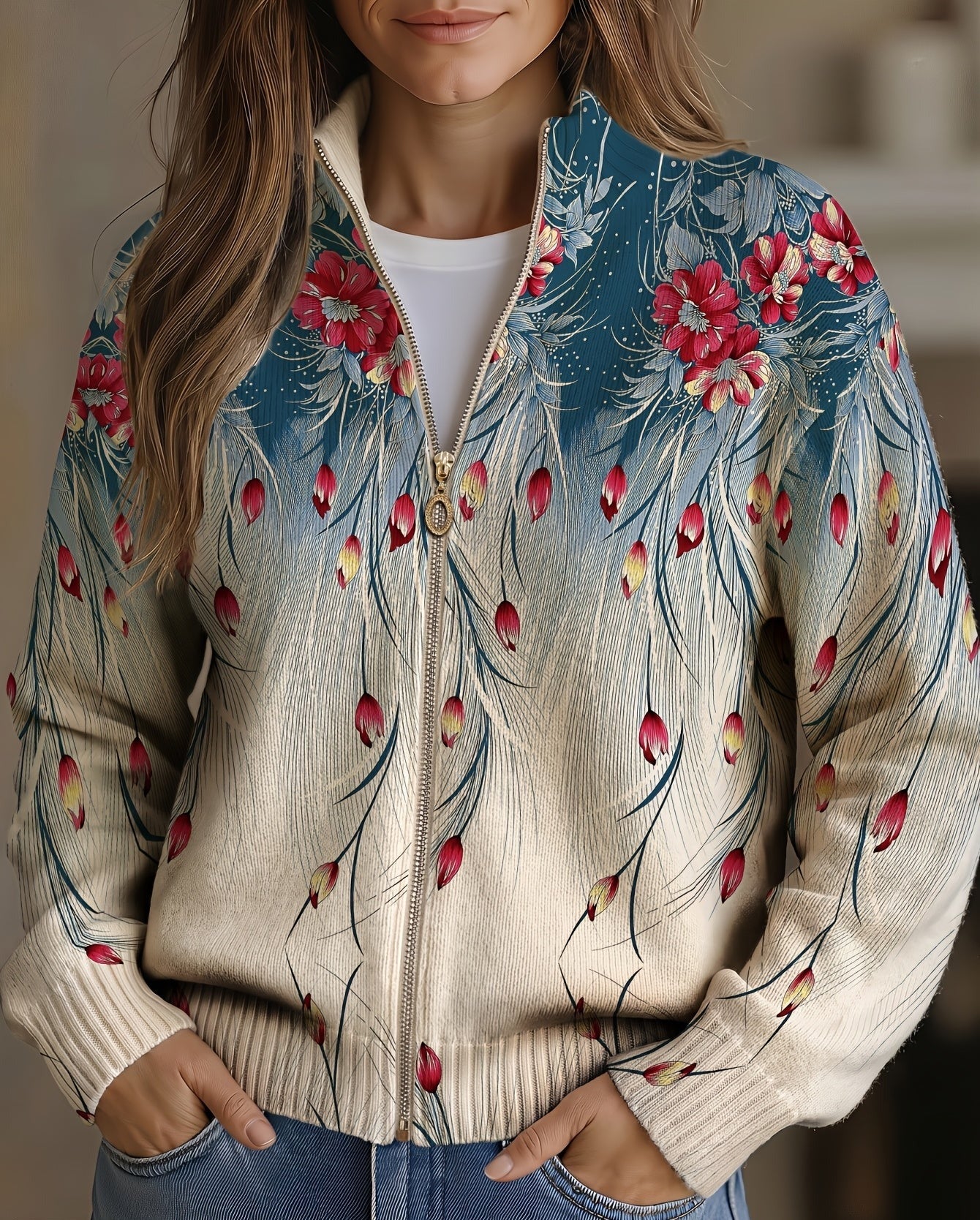 Zillah women's knit cardigan, floral gradient print and front zipper closure
